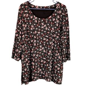 J Jill Wearever Collection‎ Floral Tunic Top Pullover Black Red Pink Sz L